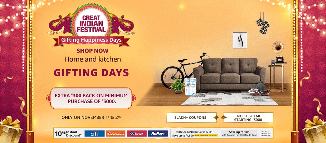 India Desire : Amazon Gifting Happiness Days: Get Upto 75% Off + Extra Rs 300 off On Home & Kitchen Appliances [Extra Bank Offer]